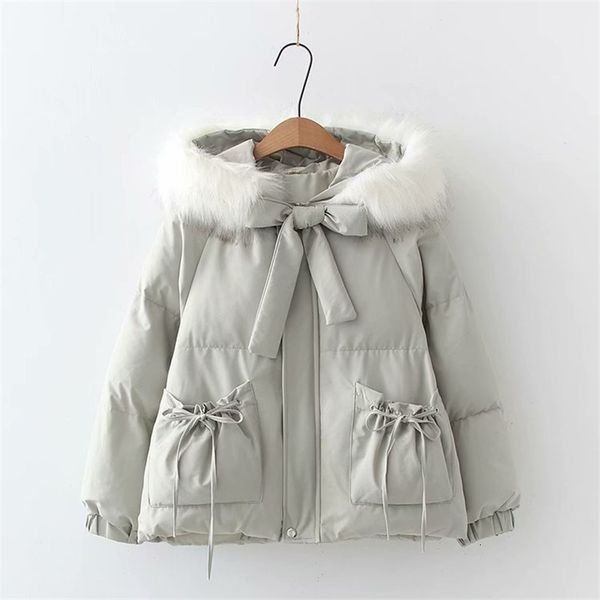

kawaii fashion cotton padded jacket women cute vintage thick warm fur collar hooded coat casual black parka outerwear overcoat, Black;gray