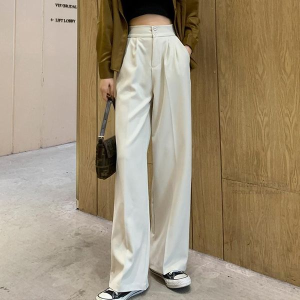 

women's pants & capris clothing woman elastic high waist wide leg 2021 suit straight korean casual loose female, Black;white