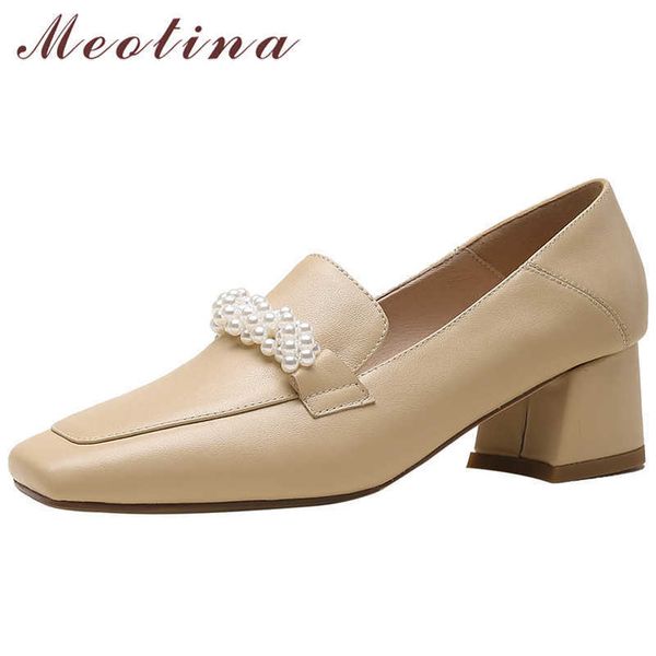 

meotina natural genuine leather women shoes square toe med heels pearl block heel pumps ladies footwear spring apricot 210608, Black