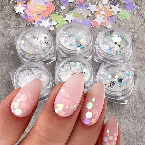 

6pcs nail glitter powder mermaid flakes sparkly star moon chameleon hexagon sequins mirror chrome art decorations tr1539-361, Silver;gold