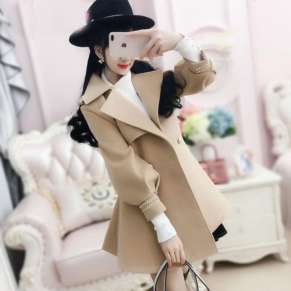 

women's wool & blends khaki gold bead lantern sleeve woolen jacket female student trendy winter wear small fresh thick coat, Black