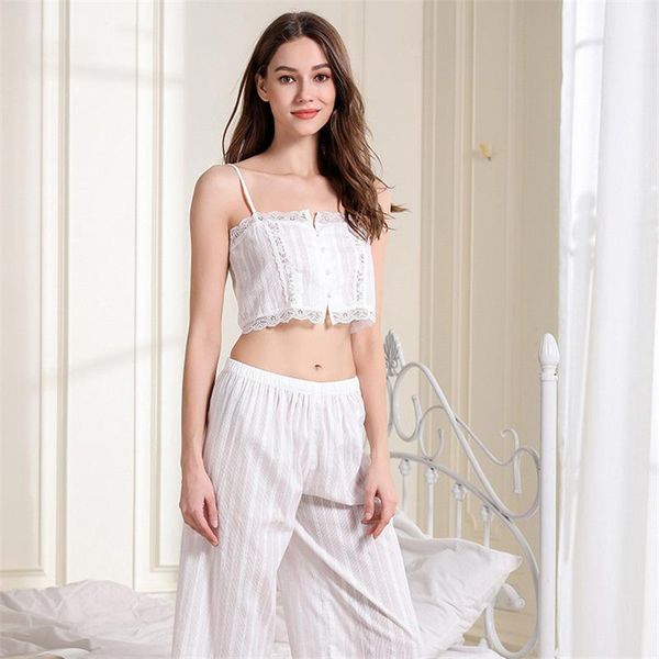 

pajamas set summer spring sleepwear female wide leg silng trousers loose cotton women white nightwear men's, Black;brown