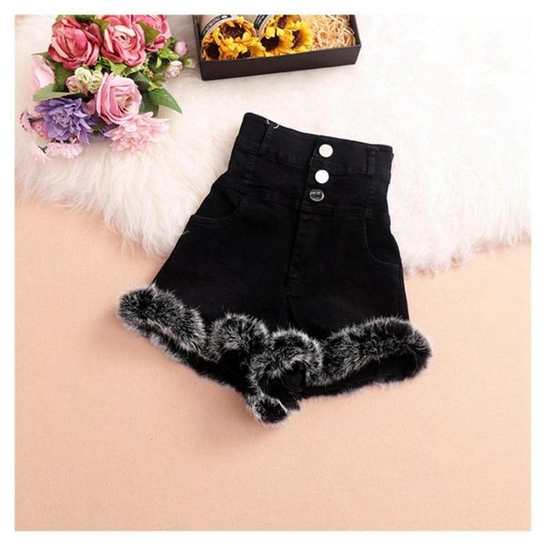 

women's shorts gowyimmes high waist women fur big size vintage lady single breasted denim outwear mujer pd1054, White;black