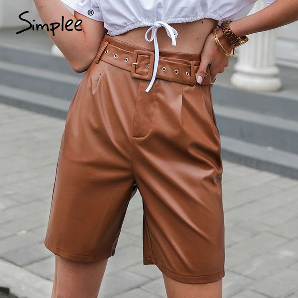 

solid leather mid-length spring summer camel waist pocket zipper high street style women shorts 210414, White;black