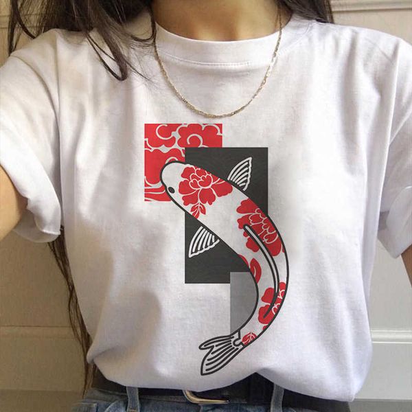 Япония koi рыба графическая печатная футболка женщины 2020 новая летняя мода белые топы футболка harajuku эстетическая винтажная женская футболка x0628