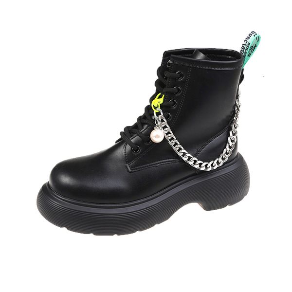 

boots women's broad-heeled boots, black gothic leather boots with chain and punk-style ankle, shoelaces, plus size 778g