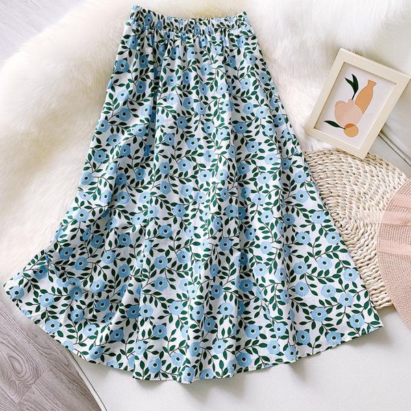 

skirts summer womens 2021 vintage floral print chiffon pleated skirt elastic high waist casual midi women clothes jupe, Black
