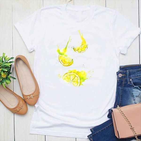 

graphic lemon fruit sweet womens beach cartoon printing summer short sleeve fashion print female clothes tees, White