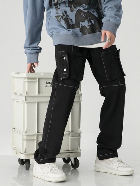 

men stitching straight leg pants i0lv#, Black