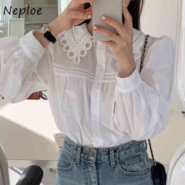 

elegant hollow out design solid blouse women peter pan collar long sleeve single breast blusas spring shirt 210422, White