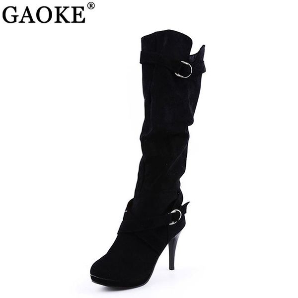 

boots thigh high women's winter faux suede leather heels over the knee women plus size shoes woman, Black