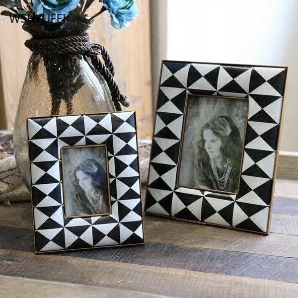 

frames retro style black and white geometric leather mosaic golden picture frame 6 inch decorative fashion