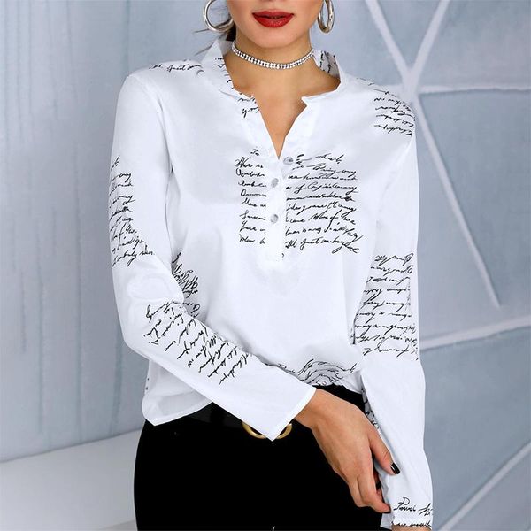 

women's blouses & shirts women workwear clothing white v neck long sleeve ladies casual letter print button design shirt office formal