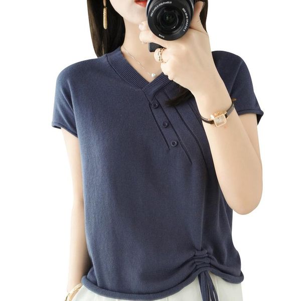 

cotton sweater short-sleeved women's v-neck t-shirt 21 spring summer hedging half-sleeved loose knit bottoming, White