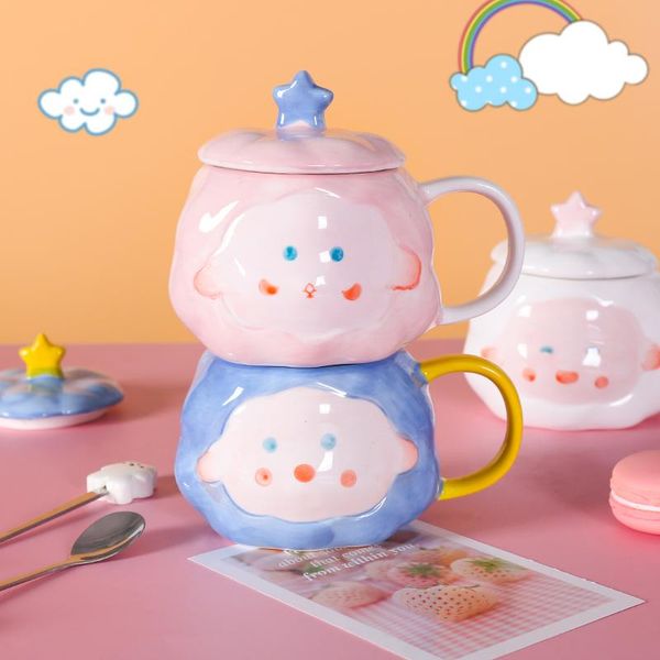 

450ml kawaii cloud ceramic mug with lid spoon creative personality home travel teacup cute breakfast mugs coffee cup gift