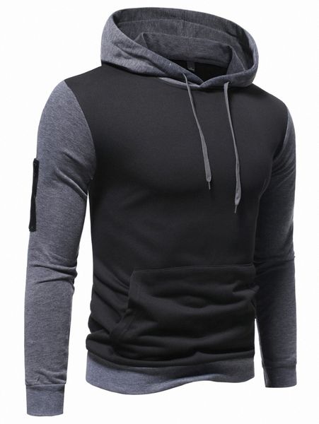 

men colorblock zip detail kangaroo pocket drawstring hoodie f0xz#, Black