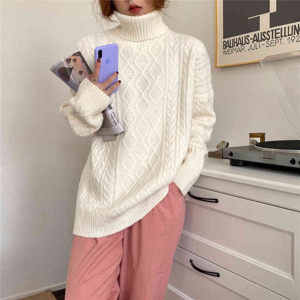 

spring women sweaters turtleneck pullovers sweet lazy retro chic knitted solid elegant loose casual 210416, White;black