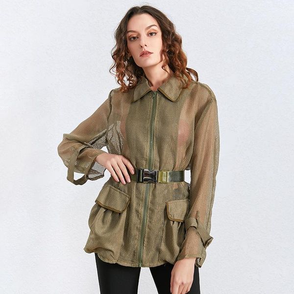 

women's jackets hollow out perspective coat for women lapel collar long sleeve slim sashes female jacket spring fashion, Black;brown