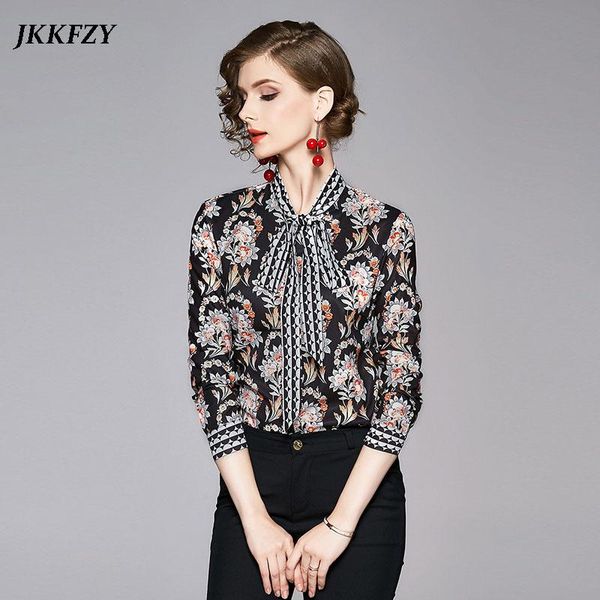 

fashion women bow design blouse long sleeve printed casual shirt office lady elegant women's blouses & shirts, White