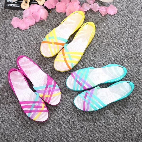 

women jelly shoes rainbow summer sandals female flat ladies slip on woman candy color peep toe women's beach, Black
