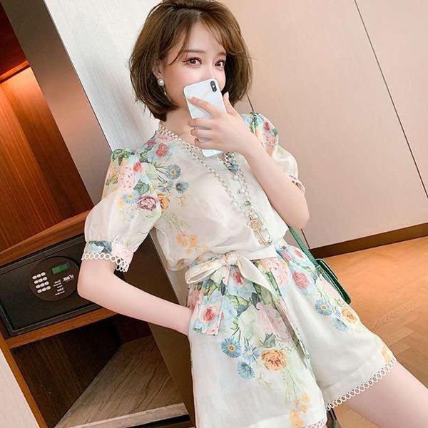 

tianluo 2021 women's summer two piece panties floral v-neck short sleeve shorts casual fashion suit style tracksuits, Gray