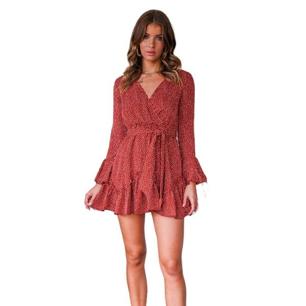 

autumn women ruffles dots chiffon dress boho mini sweet long sleeve ladies party dresses v neck vestido winter casual, Black;gray