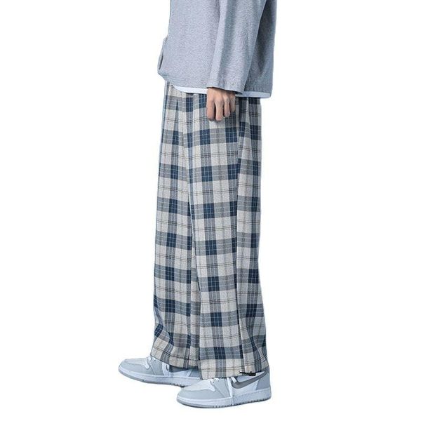 

men's pants men polyester loose japan harajuku style grid wide casual drawstring elastic leg opening ankle length, Black