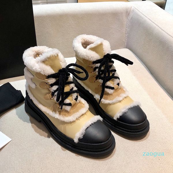 

interlocking white wool ankle snow boots shearling logo combat boot round toe lace-up martin block low heel booties luxury designers shoes, Black