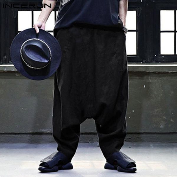 

men's pants 2021 incerun stylish solid color trousers comfortable leisure low crotch loose cotton linen casual s-5xl, Black