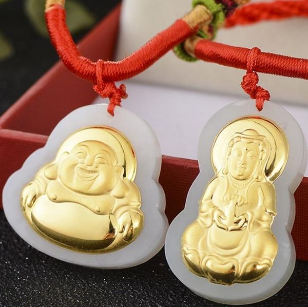 

lockets gold inlaid jade emerald pendant guanyin buddha couple h7#, Silver