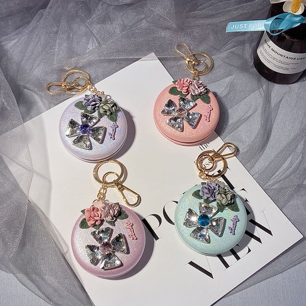 

fashion inlaid diamond flower mirror key chain portable makeup bag pendant female creative convenient gift, Silver