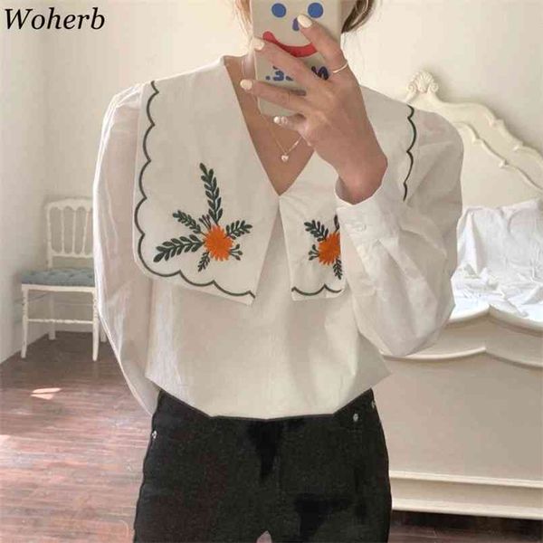 

vintage loose simple stylish blouse women summer all match floral embroidery elegant casual shirts 210519, White