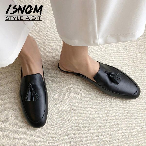 

woman genuine letaher slippers women summer sandals casual mules fringe flats non-slip round toe shoes 2021, Black