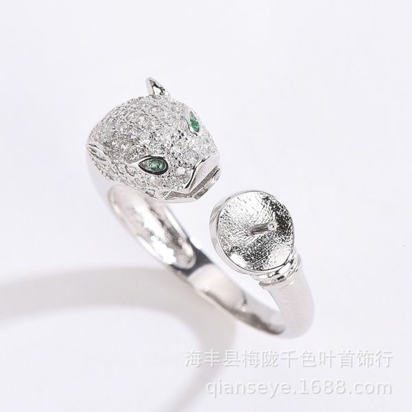 

s925 sterling silver fashion leopard head adjustable ring women's pearl hollow bracket accessories, Black