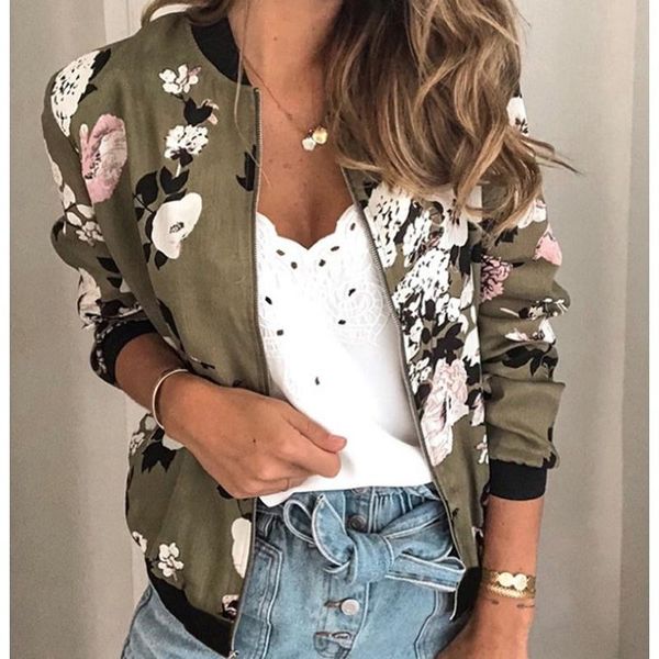 

women's jackets women floral printed spring winter long sleeve zipper bomber jacket casual pocket slim female fashion outwears plus siz, Black;brown