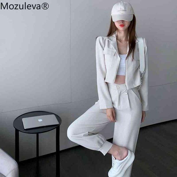 

wet 2021 casual high-waisted pants + pocket with zipper short jacket female streetwear defines for office work tender suits trend, White;black