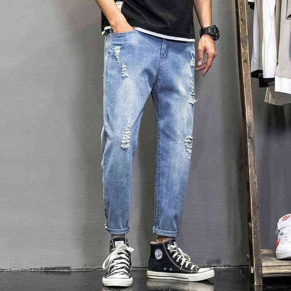 

men's jeans trendy brand pierced jeans 2021 spring and summer micro harlan s loose large small leggings men's, Blue