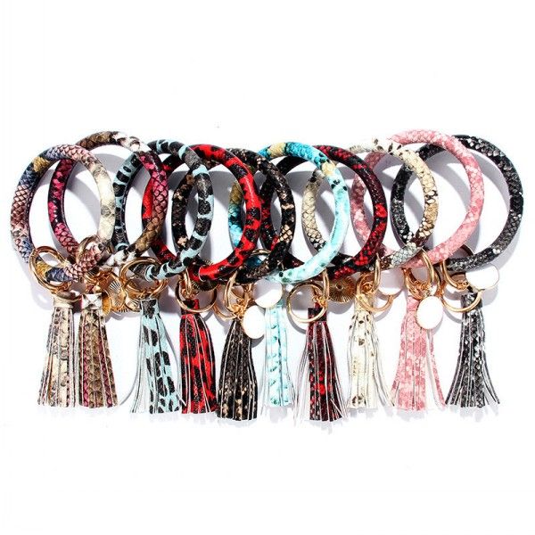 

snakeskin key ring bracelet with tassel leather wristlet bangle keychain for women girls big circle bracelets keyrings kimter-q2fz, Slivery;golden