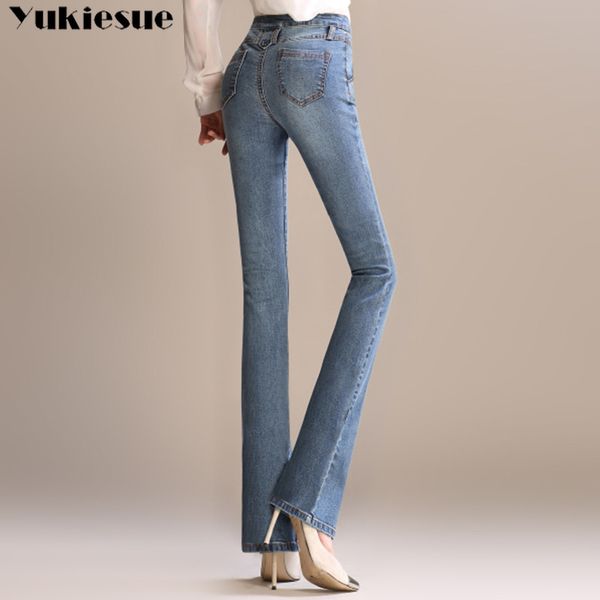 

blue hight waist bodycon wide leg flare pants denim jeans women vintage jeans female trousers autumn jeans woman long legging 210519