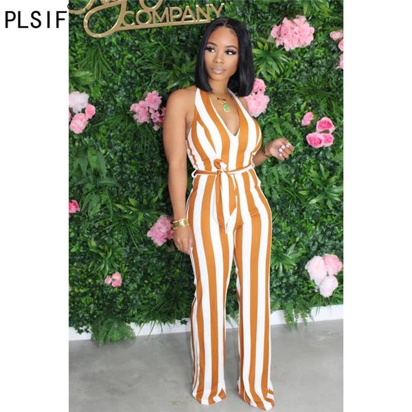 

women's jumpsuits & rompers 2021 style high waist lace-up fashion striped wide leg pants lady deep v-neck backless summer, Black;white