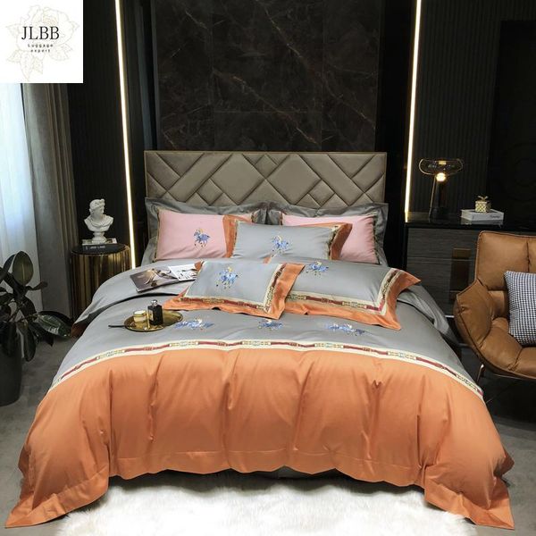 

bedding sets luxury orange/gray knight horse embroidery set 1000tc egyptian cotton duvet cover bed sheet pillowcase 4pcs home textile