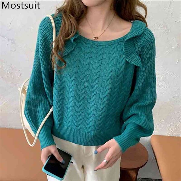 

korean ruffles knitted sweaters pullovers women long sleeve o-neck back open lace-up sweet fashion ladies jumpers 210518, White;black