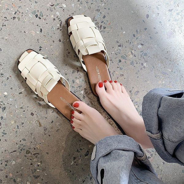 

luxury slippers small ck baotou women's slippers wear 2021 woven square muller sho flat bottomed beach women's sandals, Black