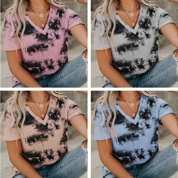 

T-shirt T-shirt 2020 new women's V-neck loose tie dyed Short Sleeve Top, White