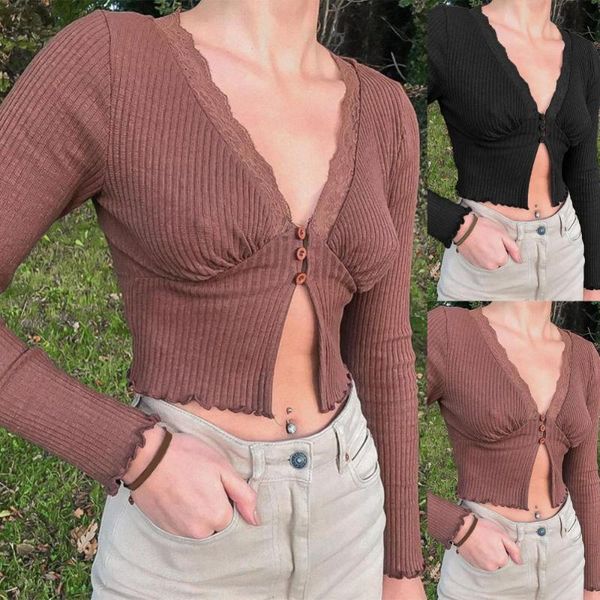 

women's t-shirt women long sleeve deep v neck knit blouse split hem ribbed buttons crop top, White