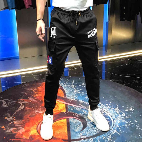 

pant versatile fashion men's embroidered letter korean pocket young working pants, Black