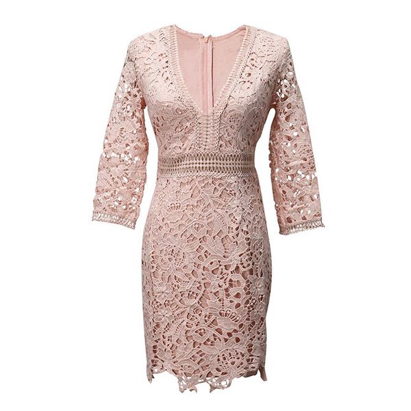 

pink deep v neck 3/4 sleeve lace solid pencil dress mini short elegant d0776 210514, Black;gray