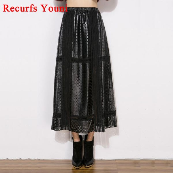 

women 2021 winter genuine leather hollow out punch maxi skirts femini ultra long patchwork embroider faldas mujer saias, Black