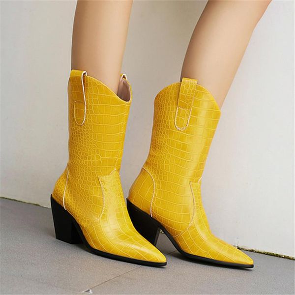 

boots 2021 western women ankle square heel fashion pointed toe ladies yellow blue white black