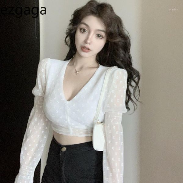 

women's blouses & shirts ezgaga backless lace-up blouse women korean chic mesh patchwork crop v-neck low-cut clubwear blusas mujer, White